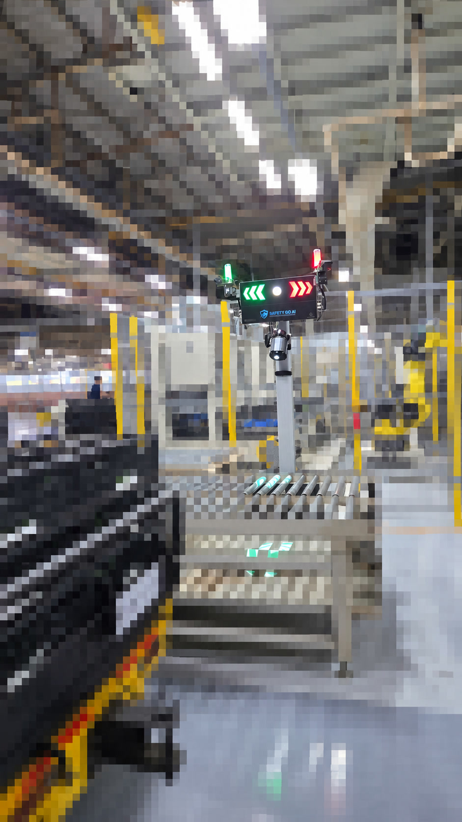 SAFETY GO AI signal installed beside a production-line aisle